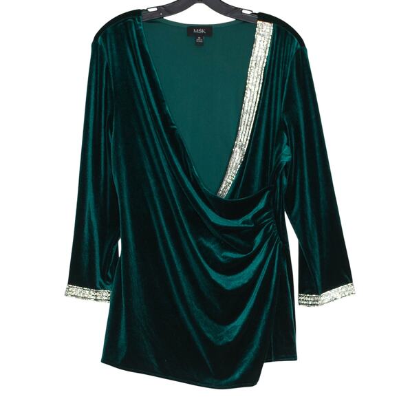 MSK Top Velvet Embellished Elegant Evening Luxe Cocktail Glam Holiday Green XL - Picture 1 of 9
